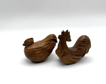 Vintage wood figurines | hand carved rooster and hen pair | rustic farmhouse decor