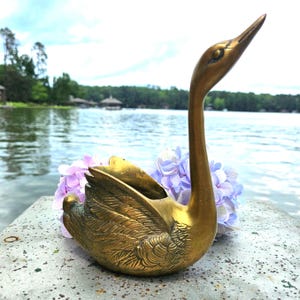 Vintage Brass Swan Planter – Mid Century Solid Brass Bird Vase. Stands 5.5&quot; Tall x 5&quot; Wide.