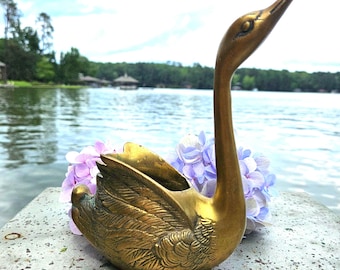 Vintage Brass Swan Planter – Mid Century Solid Brass Bird Vase. Stands 5.5&quot; Tall x 5&quot; Wide.