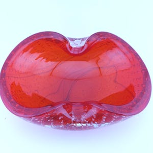 Vintage Murano Red Art Glass Dish: Italian Controlled Bubble Bowl