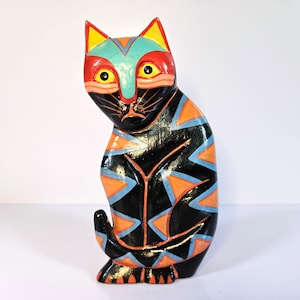 Laurel Burch Carved Wooden Cat Figurine – Hand-Painted Folk Art Decor. Stands 6&quot; Tall x 3&quot; Wide.