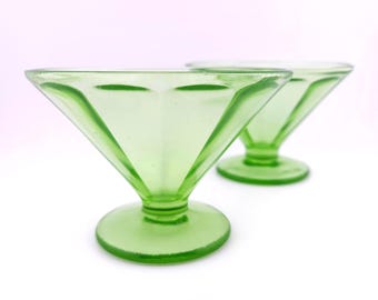 Federal Depression Glass Uranium Green Coupe. Set of 2. Glows under UV Light. Set of 2. Stands 3&quot; Tall x 4&quot; Wide. Art Deco Depression Glass.