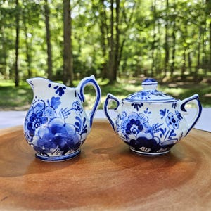 Vintage Delft Hand-Painted Sugar and Creamer Set: Dutch Blue Floral