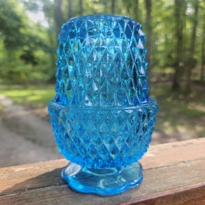 Vintage Indiana Glass Blue Diamond Point Fairy Lamp. Stands 5.5
