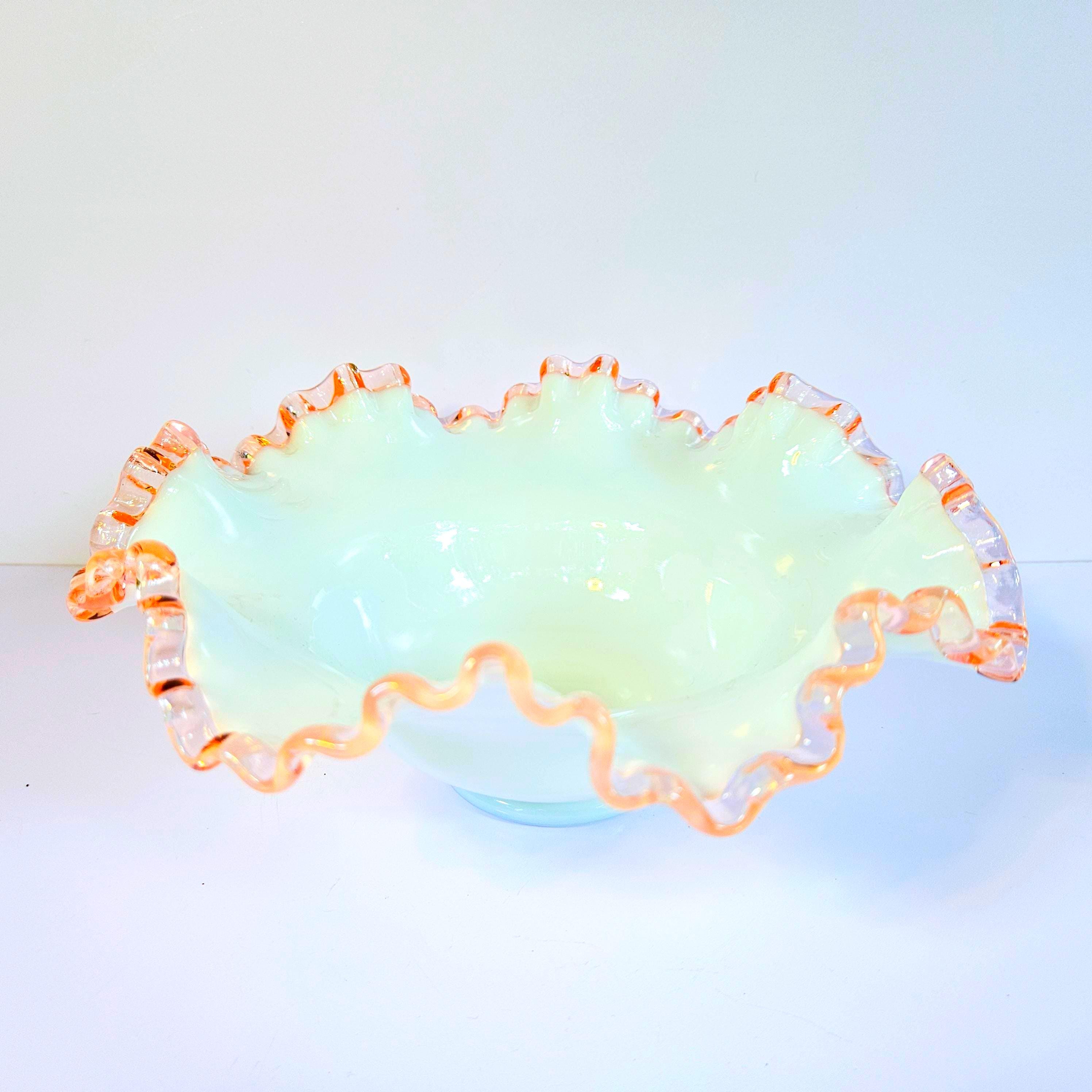Fenton Pink Crest Milk Glass Bowl – Ruffled Edge Vintage Art Glass. Bowl is 8.5" in Diameter x 3" Tall.