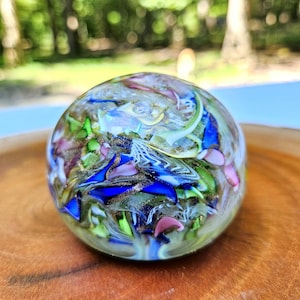 Vintage Murano Zanfirico and Copper Aventurine Paperweight. 3&quot; in Diameter x 2&quot; Tall.