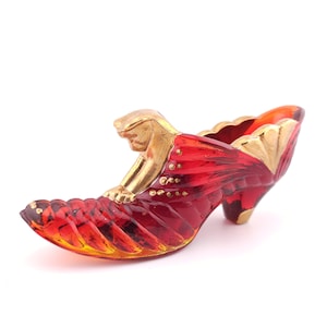 Fenton Ruby Red Glass Shoe with Gold Trim Cat. Signed by Randy Fenton. Collectible Vintage Art Glass. UV Glow.