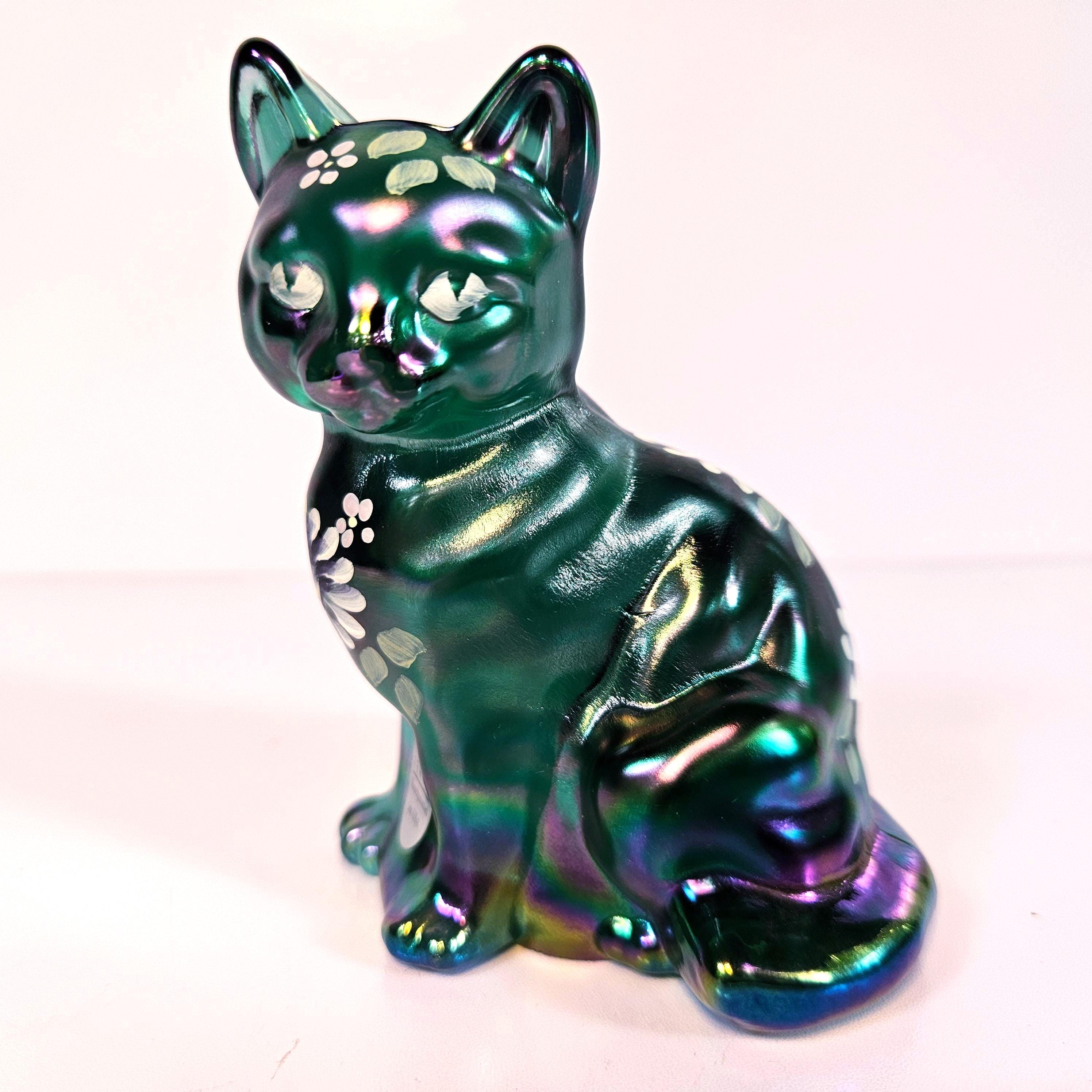 Fenton Carnival Glass Cat Figurine: Iridescent Hand-painted