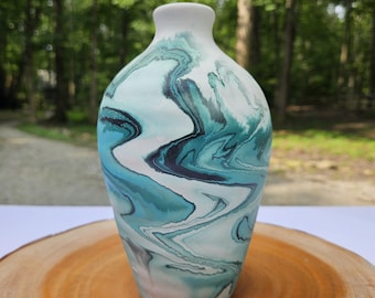 Nemadji Art Pottery Vase. Bluish Green Design. Stands 7.5&quot; Tall x 4&quot; Wide.