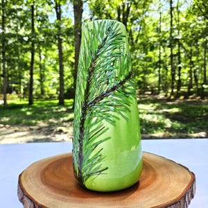 Vintage Sarreguemines Pottery Vase. Green Pine Branch Design French Art Pottery. Stands 10.5" Tall x 4.5" Wide.
