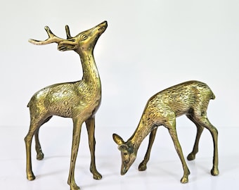 Vintage Brass Deer Set of 2. Mid Century Modern Brass Figurines. Male measures 7&quot; Tall x 5&quot; Long. Female 5&quot; Tall x 4.5&quot; Long.
