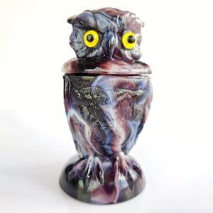 Imperial Glass Purple Slag Glass Owl Jar. Vintage Covered Candy Dish. Collectible Slag Glass Animal Container. Stands 7&quot; Tall x 5&quot; Wide.