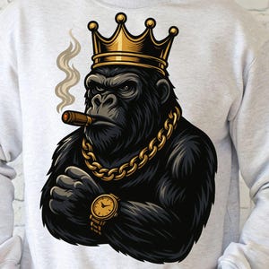 King Gorilla PNG, Gorilla with Crown & Gold Chain, Cool Ape Sublimation Design, Masculine T-Shirt Graphic, Urban Streetwear Digital Download