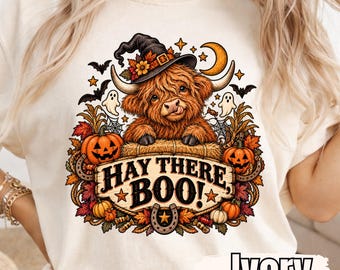 Hay There Boo Shirt, Highland Cow Halloween Shirt, Witch Hat Cow Tee, Funny Fall Shirt, Cute Halloween Cow T-Shirt, Pumpkin Farm Shirt