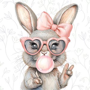 May include: A gray bunny with pink heart-shaped sunglasses and a pink bow is blowing a pink bubble. The bunny is on a white background with a floral pattern.