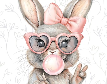 Easter Bunny PNG, Bunny with Sunglasses, Bubble Gum Bunny, Cute Easter Clipart, Digital Easter Bunny, Instant Download