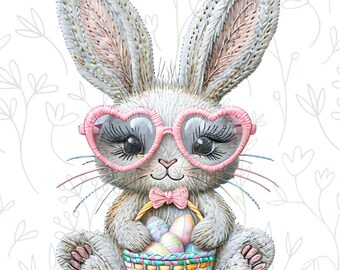 Easter Bunny PNG, Faux Embroidery Design, Easter Basket Clipart, Digital Download, Easter Sublimation, Instant Download