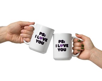 PS I Love You Mug Cute Purple Heart Design, Glossy White Coffee Cup with Minimal Romantic Quote, Sweet Gift for Couples