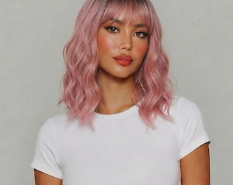 Short Baby Pink Wig with Bangs 14 Inch Rooted Wavy Pastel Costume Wig | Layla