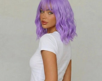 Pastel Purple Body Wave Wig with Bangs | Short 14 Inch Glueless | Mira