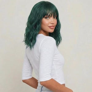 Green Bob Wig with Bangs Short 14 Inch Wavy Glueless Wig | Emerald