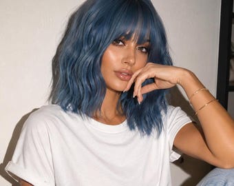 Short Blue Wig with Bangs Wavy 14 Inch Pastel Bob Wig | Aurora