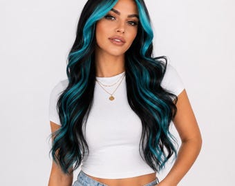 Long Black Wig with Teal Highlights 22 Inch Blue Wavy Wig | Millie