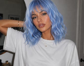 Short Blue Wig with Bangs Pastel 14 Inch Body Wave Wig | Faye
