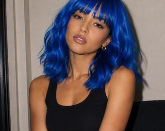 Bright Blue Wig with Bangs, Short 14 Inch Body Wave | Indy