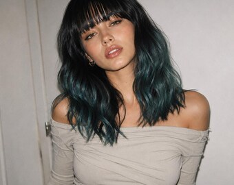 Short Green Wig with Bangs Short 14 Inch Wavy Glueless Wig | Emerald