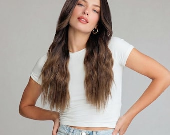 Lång Brun Ombre Peruk 60 cm Vågig Brun Peruk Mörkröda Balayage Peruk | Brooke
