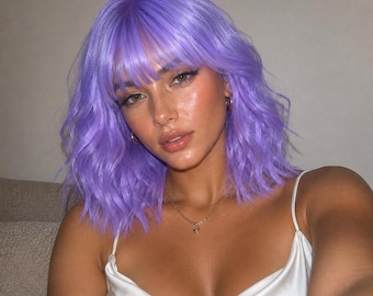Pastel Short Purple Wig with Bangs | 14 Inch Body Wave Glueless | Mira