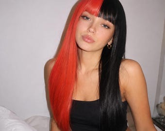 Split Dye Costume Wig, 22 Inch Half Red Black Gothic Style with Bangs | Raven