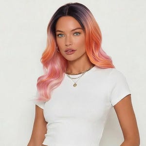 Peluca rosa y naranja con efecto degradado y raíces moradas / Peluca corta de 35,5 cm para festivales / Jilly