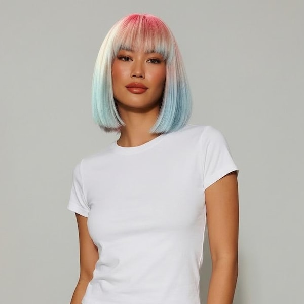 Pink & Blau Ombre Bob Perücke mit Pony-Kurze 12-Zoll-Regenbogen-Perücke | Sternchen