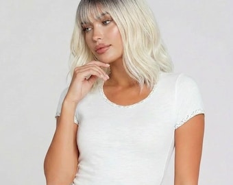 Platinum Blonde Bob Wig with Bangs | 14 Inch Wavy Blonde Wig Short Blonde Wig with Dark Root | Sami