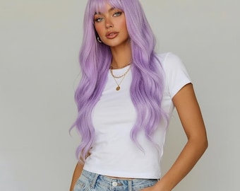 Long Wavy Purple Wig with Bangs Light Pastel Lavender Cosplay Costume Wig | Sabrina