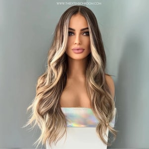 Peluca larga castaña con reflejos rubios / Peluca ondulada castaña sin pegamento de 66 cm / Brianna