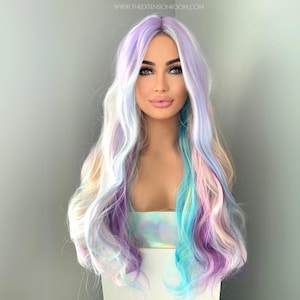 Long Pastel Rainbow Wig | Wavy Glueless Costume Cosplay Wig 28 Inch | Dolly