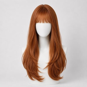 May include: A long, straight, copper-colored wig featuring blunt bangs and layered ends. The hair is styled with a smooth texture and falls past the shoulders, displayed on a plain white mannequin head against a neutral background.