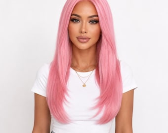 Long Layered Pink Wig | Straight 18 Inch Pastel Wig | Middle Part Glueless Wig | Faith