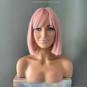 Short Pastel Pink Bob Wig with Bangs | Blunt Cut Cosplay, Everyday Style | Nia