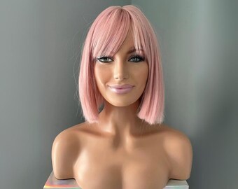 Short Pastel Pink Bob Wig with Bangs | Blunt Cut Cosplay, Everyday Style | Nia