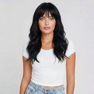 Black Shoulder Length Wig with Bangs 16 Inch Layered Black Wig | Soft Wave Black Wig | Jasmin