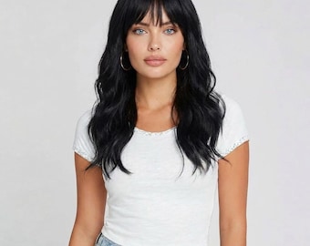 Black Shoulder Length Wig with Bangs 16 Inch Layered Black Wig | Soft Wave Black Wig | Jasmin