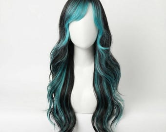 Long Black Wig with Teal Highlights 20 Inch Wavy Synthetic Cosplay Wig for Women Party & Costume | Millie