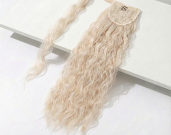 Platinum Blonde Wavy Wrap Around Ponytail Extension | 20" Long Ponytail Beach Wave Texture | Heat-Resistant Hairpiece