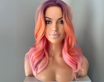 Orange Pink Ombre Wig | Vibrant Festival, Cosplay, Costume, Colourful Short Shoulder Length Coloured 14 Inch Party Wig | Jilly