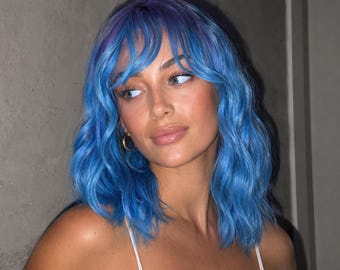 Purple & Blue Ombre Wig | 14 Inch Wavy Short Wig with Bangs, Costume Wig | Dahlia
