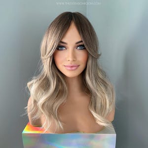 Ash Blonde Wig with Bangs | Medium Length Rooted Blonde Wavy 16 Inch Glueless Wig for Women Everyday Wear | Harlow